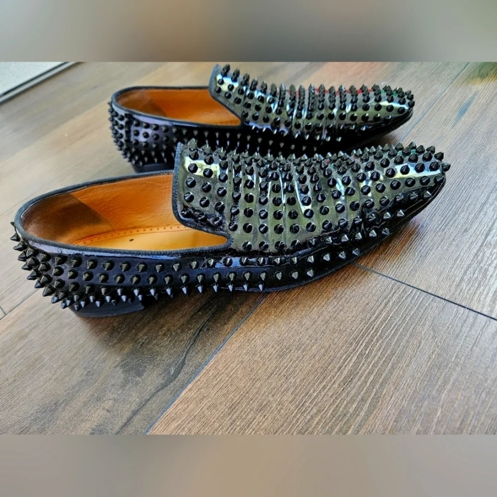 Louboutin Men's Black Dandelion Spikes Flat Patent - Size 45 US 11